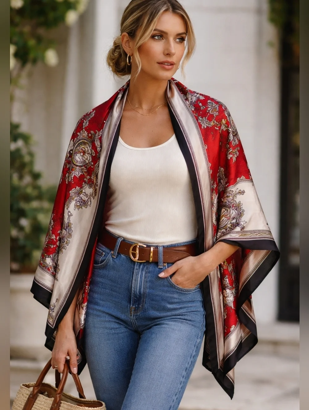 100% Silk Baroque Print Scarf Shawl Red Black Ivory Large Luxury Wrap
